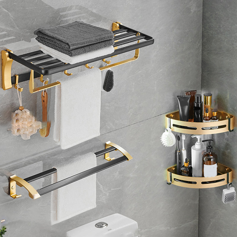 Contemporary Bathroom Accessory Set Black & Golden Bath Shelf/Towel Bar 4-Piece Set Clearhalo 'Bathroom Hardware Sets' 'Bathroom Hardware' 'Bathroom Remodel & Bathroom Fixtures' 'bathroom_hardware_sets' 'Home Improvement' 'home_improvement' 'home_improvement_bathroom_hardware_sets' 6763391