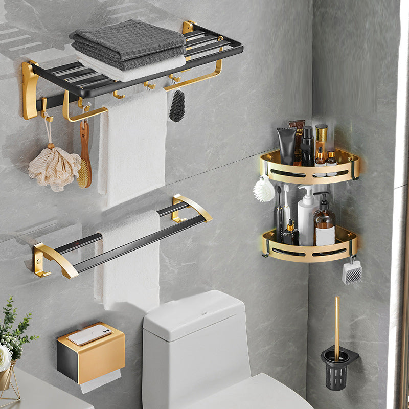 Contemporary Bathroom Accessory Set Black & Golden Bath Shelf/Towel Bar 6-Piece Set Clearhalo 'Bathroom Hardware Sets' 'Bathroom Hardware' 'Bathroom Remodel & Bathroom Fixtures' 'bathroom_hardware_sets' 'Home Improvement' 'home_improvement' 'home_improvement_bathroom_hardware_sets' 6763393