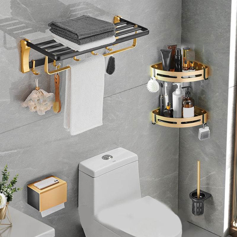 Contemporary Bathroom Accessory Set Black & Golden Bath Shelf/Towel Bar 5 piece Set Clearhalo 'Bathroom Hardware Sets' 'Bathroom Hardware' 'Bathroom Remodel & Bathroom Fixtures' 'bathroom_hardware_sets' 'Home Improvement' 'home_improvement' 'home_improvement_bathroom_hardware_sets' 6763395