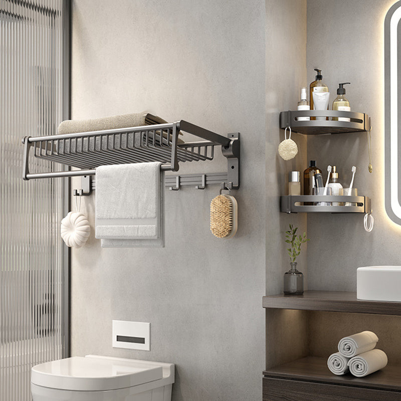 Gray Contemporary Bathroom Accessory Set Bath Shelf/Towel Bar & Robe Hooks Included Towel Rack with Bath Shelf (Triangular) Clearhalo 'Bathroom Hardware Sets' 'Bathroom Hardware' 'Bathroom Remodel & Bathroom Fixtures' 'bathroom_hardware_sets' 'Home Improvement' 'home_improvement' 'home_improvement_bathroom_hardware_sets' 6763644