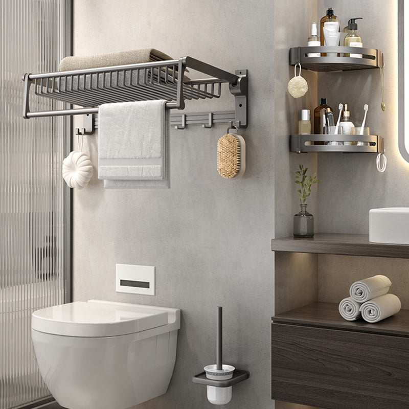 Gray Contemporary Bathroom Accessory Set Bath Shelf/Towel Bar & Robe Hooks Included 4-Piece Set (Toilet Brush) Clearhalo 'Bathroom Hardware Sets' 'Bathroom Hardware' 'Bathroom Remodel & Bathroom Fixtures' 'bathroom_hardware_sets' 'Home Improvement' 'home_improvement' 'home_improvement_bathroom_hardware_sets' 6763653