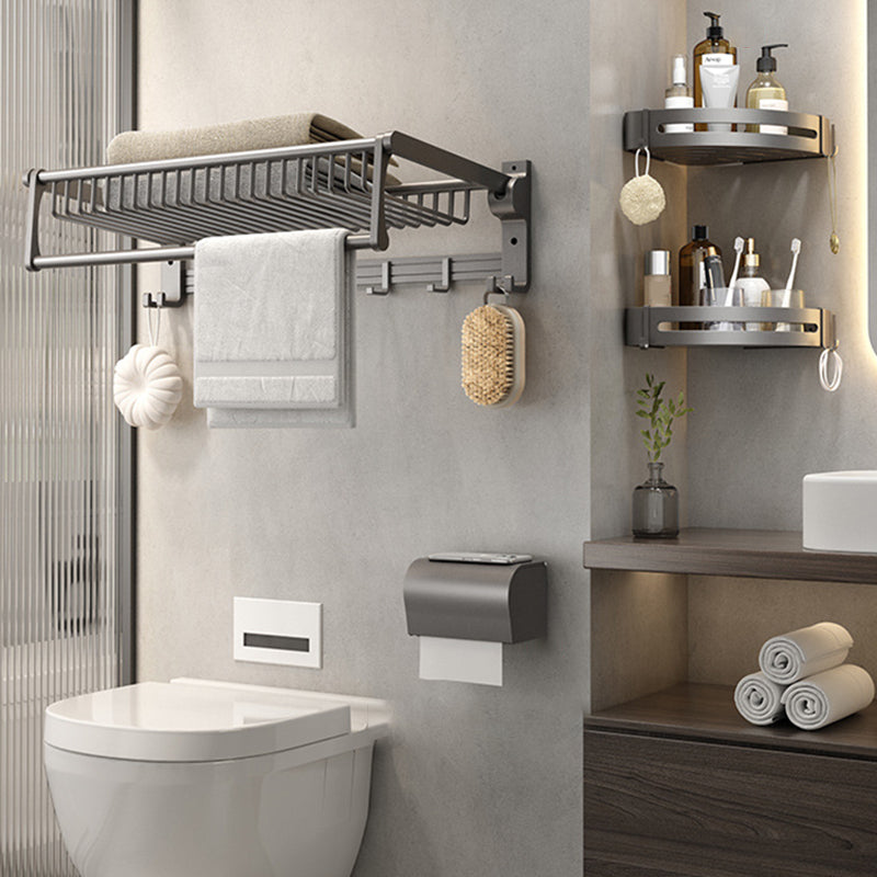 Gray Contemporary Bathroom Accessory Set Bath Shelf/Towel Bar & Robe Hooks Included 4-Piece Set (Toilet Paper Holder) Clearhalo 'Bathroom Hardware Sets' 'Bathroom Hardware' 'Bathroom Remodel & Bathroom Fixtures' 'bathroom_hardware_sets' 'Home Improvement' 'home_improvement' 'home_improvement_bathroom_hardware_sets' 6763656