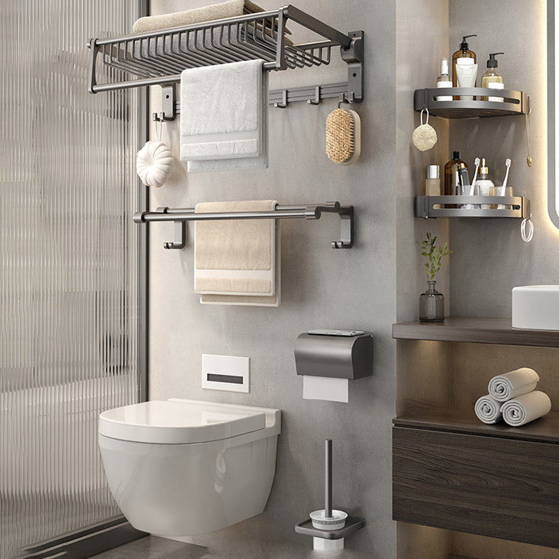 Gray Contemporary Bathroom Accessory Set Bath Shelf/Towel Bar & Robe Hooks Included 6-Piece Set Clearhalo 'Bathroom Hardware Sets' 'Bathroom Hardware' 'Bathroom Remodel & Bathroom Fixtures' 'bathroom_hardware_sets' 'Home Improvement' 'home_improvement' 'home_improvement_bathroom_hardware_sets' 6763658