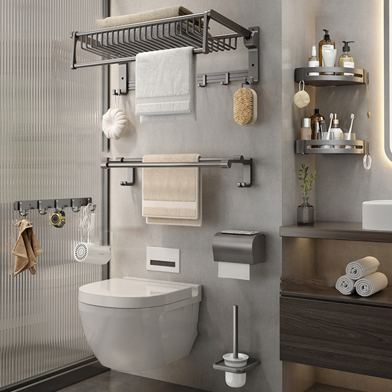 Gray Contemporary Bathroom Accessory Set Bath Shelf/Towel Bar & Robe Hooks Included 7-Piece Set (8"L Toilet Paper Holder) Clearhalo 'Bathroom Hardware Sets' 'Bathroom Hardware' 'Bathroom Remodel & Bathroom Fixtures' 'bathroom_hardware_sets' 'Home Improvement' 'home_improvement' 'home_improvement_bathroom_hardware_sets' 6763660