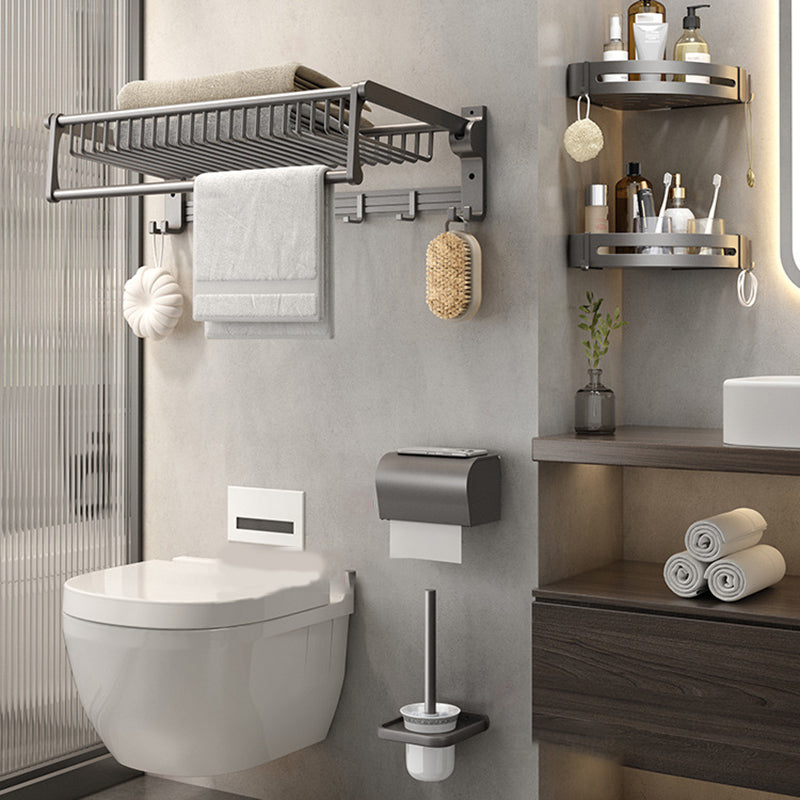 Gray Contemporary Bathroom Accessory Set Bath Shelf/Towel Bar & Robe Hooks Included 5-Piece Set (8"L Toilet Paper Holder) Clearhalo 'Bathroom Hardware Sets' 'Bathroom Hardware' 'Bathroom Remodel & Bathroom Fixtures' 'bathroom_hardware_sets' 'Home Improvement' 'home_improvement' 'home_improvement_bathroom_hardware_sets' 6763662