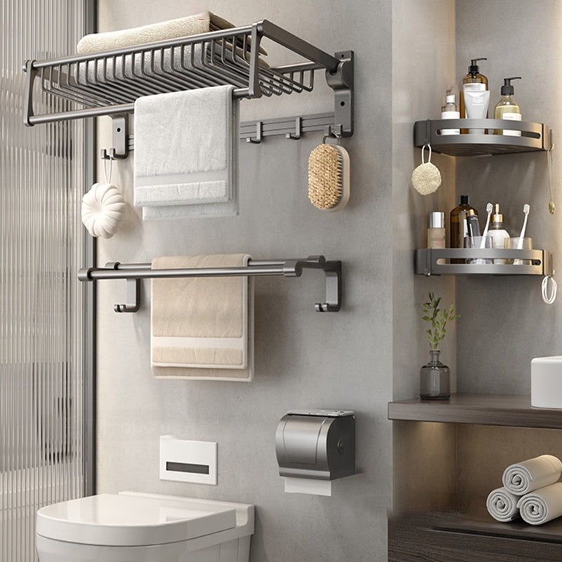 Gray Contemporary Bathroom Accessory Set Bath Shelf/Towel Bar & Robe Hooks Included 5-Piece Set (6"L Toilet Paper Holder) Clearhalo 'Bathroom Hardware Sets' 'Bathroom Hardware' 'Bathroom Remodel & Bathroom Fixtures' 'bathroom_hardware_sets' 'Home Improvement' 'home_improvement' 'home_improvement_bathroom_hardware_sets' 6763664