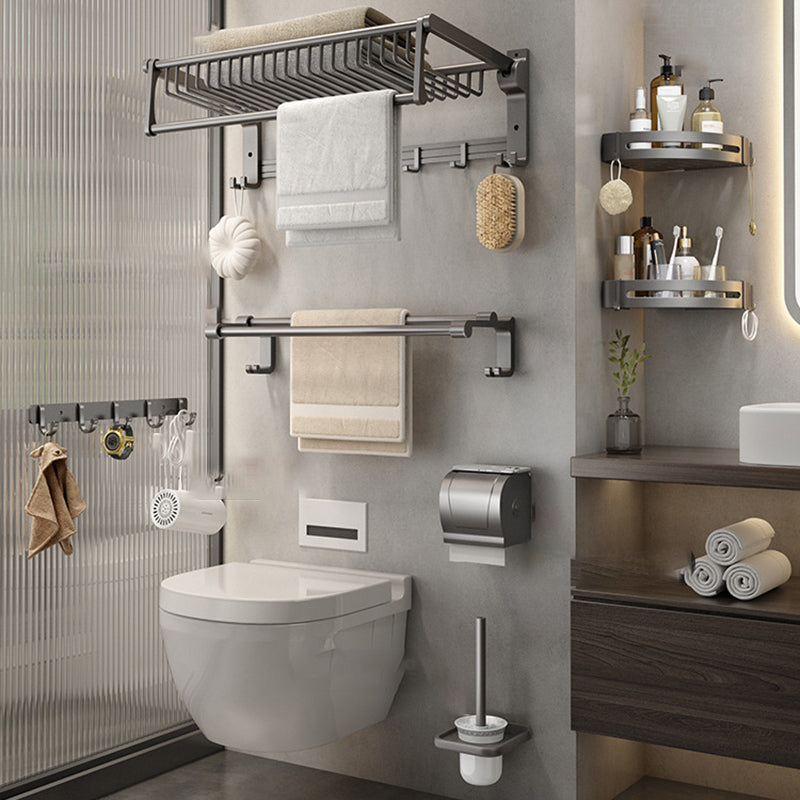 Gray Contemporary Bathroom Accessory Set Bath Shelf/Towel Bar & Robe Hooks Included 7-Piece Set (6"L Toilet Paper Holder) Clearhalo 'Bathroom Hardware Sets' 'Bathroom Hardware' 'Bathroom Remodel & Bathroom Fixtures' 'bathroom_hardware_sets' 'Home Improvement' 'home_improvement' 'home_improvement_bathroom_hardware_sets' 6763666