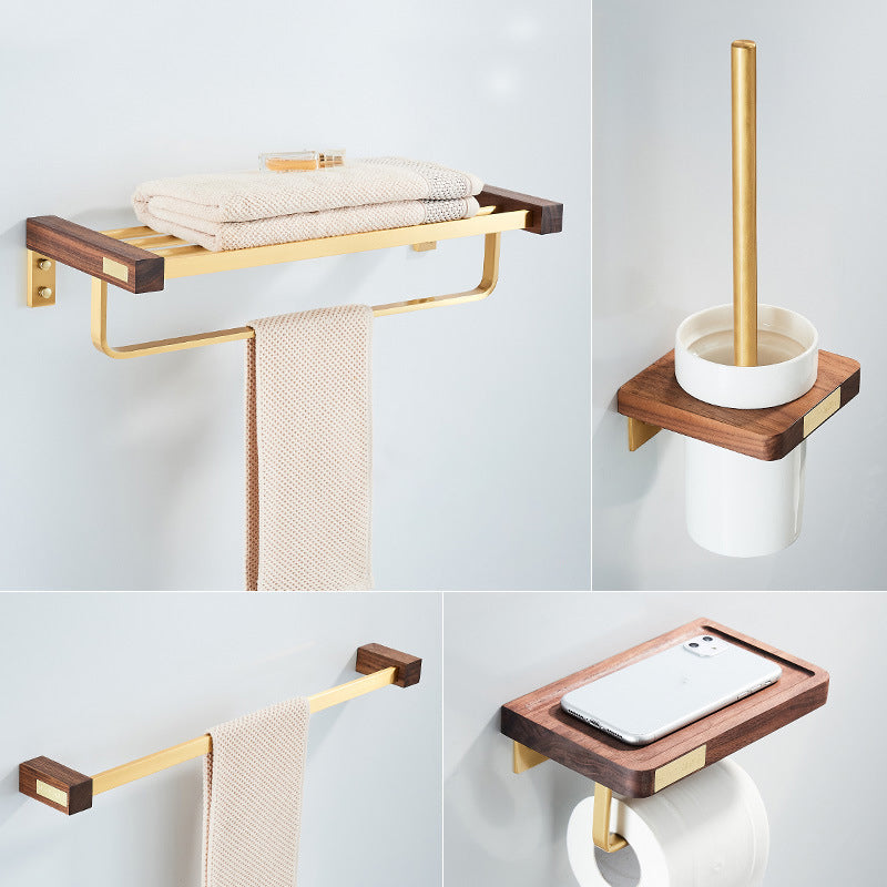 Wooden & Aluminum Bath Hardware Set Golden Bathroom Accessory Kit 4-Piece Set (Towel Bar) Clearhalo 'Bathroom Hardware Sets' 'Bathroom Hardware' 'Bathroom Remodel & Bathroom Fixtures' 'bathroom_hardware_sets' 'Home Improvement' 'home_improvement' 'home_improvement_bathroom_hardware_sets' 6764441