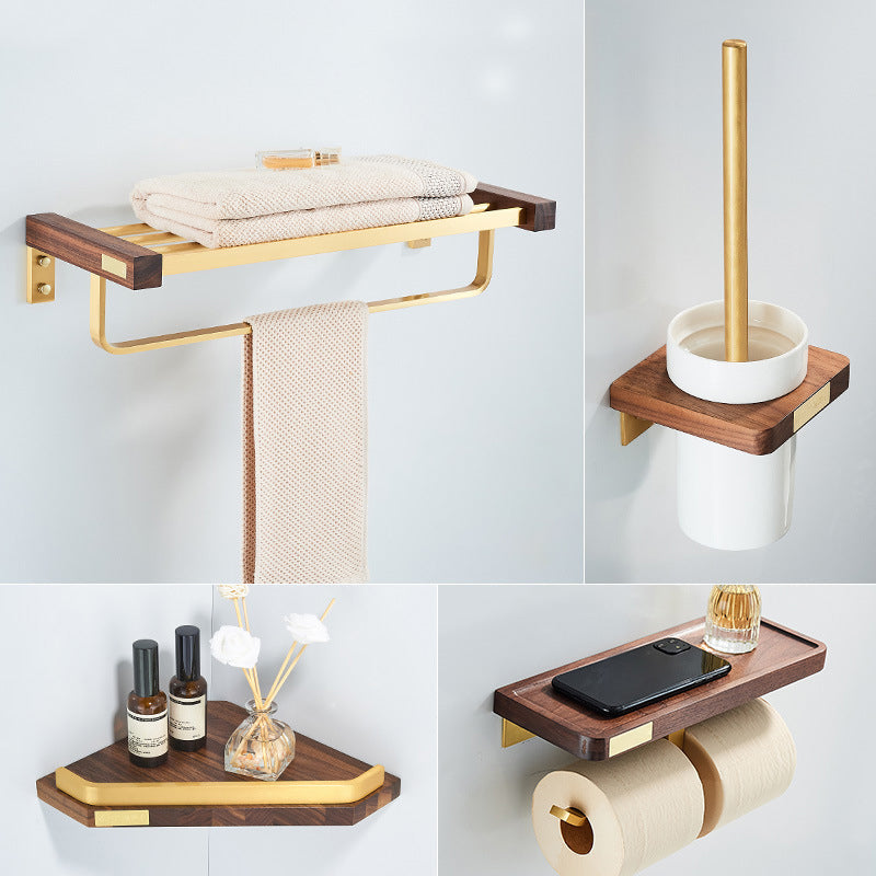 Wooden & Aluminum Bath Hardware Set Golden Bathroom Accessory Kit 4-Piece Set (Triangular Bath Shelf) Clearhalo 'Bathroom Hardware Sets' 'Bathroom Hardware' 'Bathroom Remodel & Bathroom Fixtures' 'bathroom_hardware_sets' 'Home Improvement' 'home_improvement' 'home_improvement_bathroom_hardware_sets' 6764443