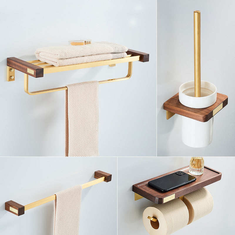 Wooden & Aluminum Bath Hardware Set Golden Bathroom Accessory Kit 4-Piece Set (Toilet Brush) Clearhalo 'Bathroom Hardware Sets' 'Bathroom Hardware' 'Bathroom Remodel & Bathroom Fixtures' 'bathroom_hardware_sets' 'Home Improvement' 'home_improvement' 'home_improvement_bathroom_hardware_sets' 6764448