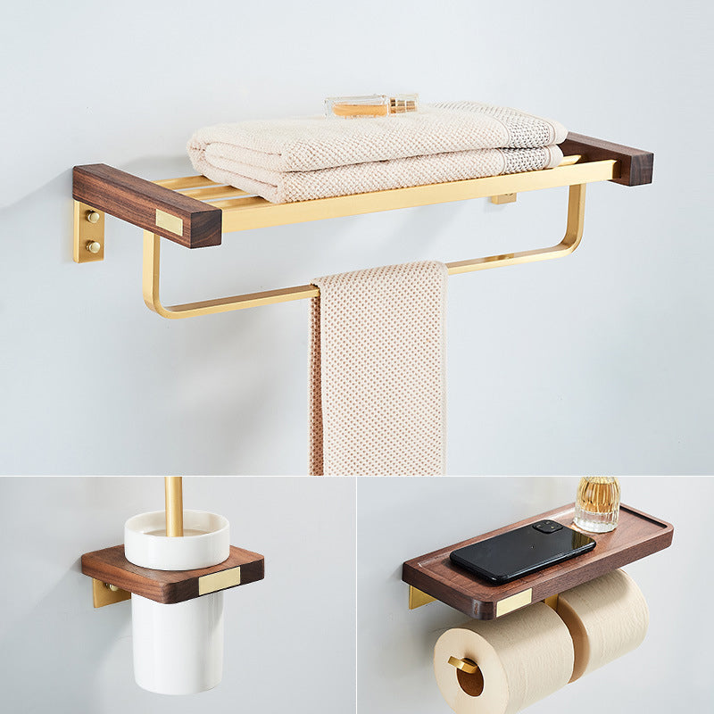 Wooden & Aluminum Bath Hardware Set Golden Bathroom Accessory Kit 3-Piece Set (Towel Bar) Clearhalo 'Bathroom Hardware Sets' 'Bathroom Hardware' 'Bathroom Remodel & Bathroom Fixtures' 'bathroom_hardware_sets' 'Home Improvement' 'home_improvement' 'home_improvement_bathroom_hardware_sets' 6764452