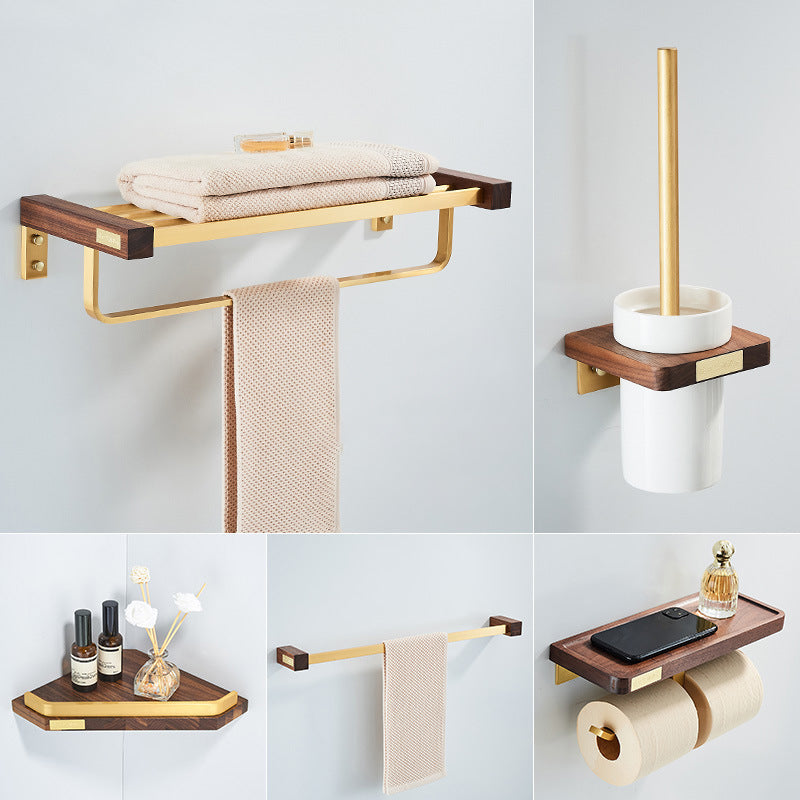 Wooden & Aluminum Bath Hardware Set Golden Bathroom Accessory Kit 5-Piece Set (Towel Bar) Clearhalo 'Bathroom Hardware Sets' 'Bathroom Hardware' 'Bathroom Remodel & Bathroom Fixtures' 'bathroom_hardware_sets' 'Home Improvement' 'home_improvement' 'home_improvement_bathroom_hardware_sets' 6764453