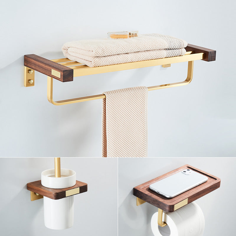 Wooden & Aluminum Bath Hardware Set Golden Bathroom Accessory Kit 3-Piece Set (Towel Rack) Clearhalo 'Bathroom Hardware Sets' 'Bathroom Hardware' 'Bathroom Remodel & Bathroom Fixtures' 'bathroom_hardware_sets' 'Home Improvement' 'home_improvement' 'home_improvement_bathroom_hardware_sets' 6764456