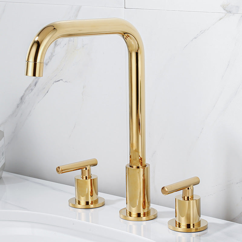 Contemporary Widespread Sink Faucet Plain High Arc Wide Spread Bathroom Faucet Golden Square Clearhalo 'Bathroom Remodel & Bathroom Fixtures' 'Bathroom Sink Faucets' 'Bathroom Sinks & Faucet Components' 'bathroom_sink_faucets' 'Home Improvement' 'home_improvement' 'home_improvement_bathroom_sink_faucets' 6771214