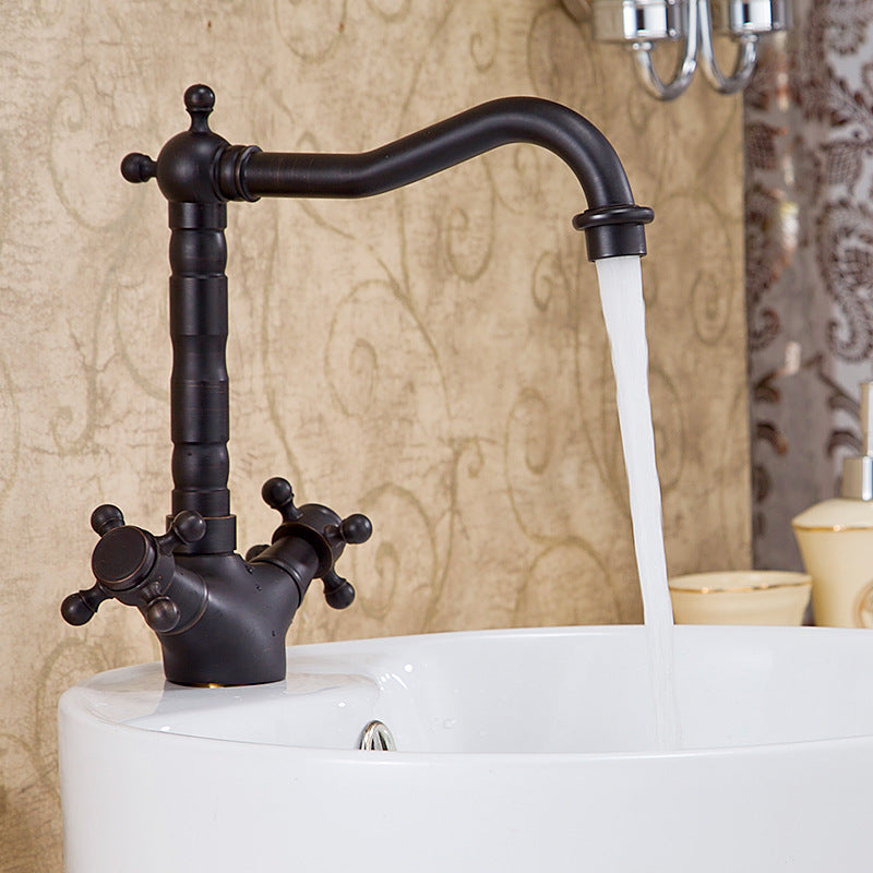 Glam Basin Lavatory Faucet Brass 2 Cross Handles with Water Hose Bathroom Faucet Black 9.4" Clearhalo 'Bathroom Remodel & Bathroom Fixtures' 'Bathroom Sink Faucets' 'Bathroom Sinks & Faucet Components' 'bathroom_sink_faucets' 'Home Improvement' 'home_improvement' 'home_improvement_bathroom_sink_faucets' 6771259