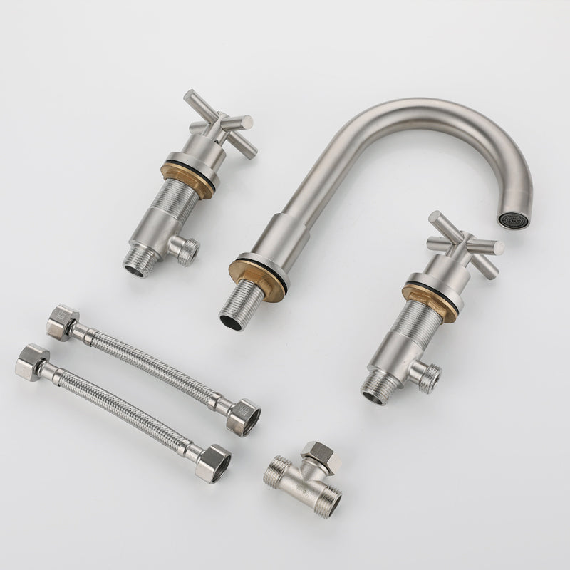 Stainless Steel Sink Faucet Circular Cross Handles Faucet for Bathroom 2 Supply Lines Included Clearhalo 'bathroom_sink_faucets' 'Conjunta de Baño y Conjunta de Grifo' 'Coronamiento de Baño y Dispositivo de Baño' 'Grifo del lavabo del baño' 'Hogar' 'home_improvement' 'home_improvement_bathroom_sink_faucets' 'Mejoras para el hogar' 6771405