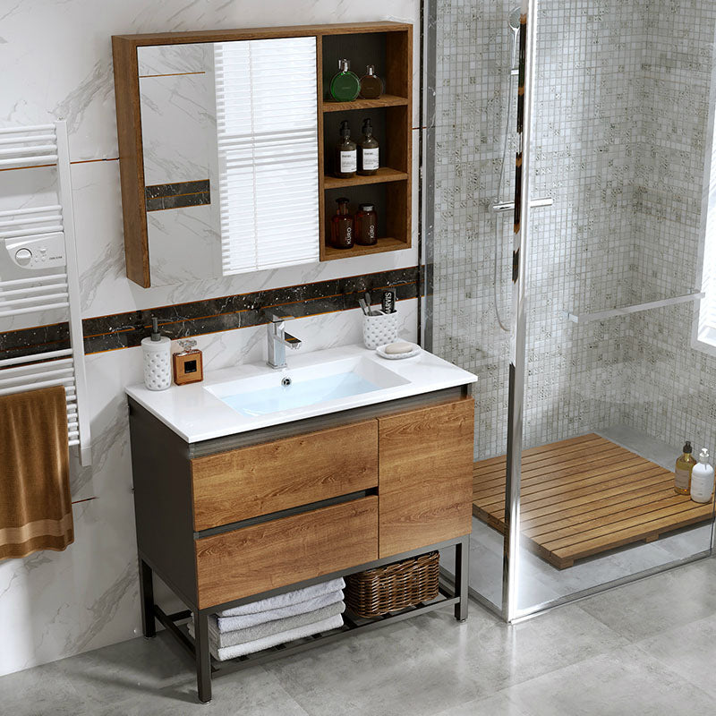 Shelving Included Vanity Set Wood 2 Drawers Freestanding Single Sink Vanity with Mirror Vanity & Faucet & Mirror Cabinet Clearhalo 'Bathroom Remodel & Bathroom Fixtures' 'Bathroom Vanities' 'bathroom_vanities' 'Home Improvement' 'home_improvement' 'home_improvement_bathroom_vanities' 6772476