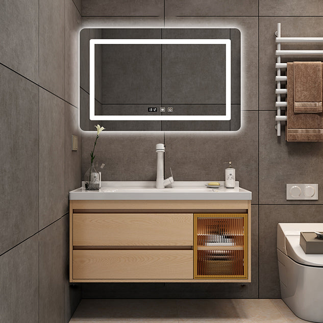 Wall Mount Vanity Mirror Single Sink Rectangle Door Wood Vanity with Drawers Vanity & Faucet & Square Mirror Smart Control Included Clearhalo 'Bathroom Remodel & Bathroom Fixtures' 'Bathroom Vanities' 'bathroom_vanities' 'Home Improvement' 'home_improvement' 'home_improvement_bathroom_vanities' 6772627