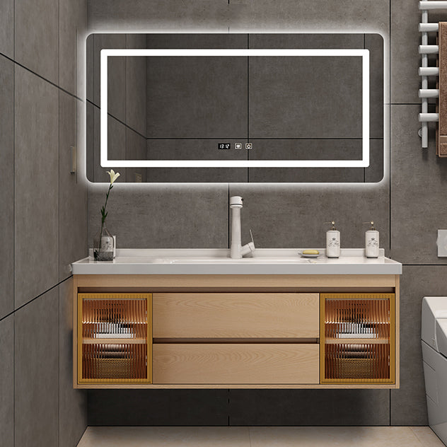 Wall Mount Vanity Mirror Single Sink Rectangle Door Wood Vanity with Drawers Vanity & Faucet & Square Mirror Smart Control Included Clearhalo 'Bathroom Remodel & Bathroom Fixtures' 'Bathroom Vanities' 'bathroom_vanities' 'Home Improvement' 'home_improvement' 'home_improvement_bathroom_vanities' 6772631