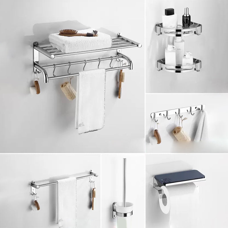 Modern Bathroom Accessory Kit Stainless Steel Bath Shelf Bathroom Set 7-Piece Set (Single Rod) Clearhalo 'Bathroom Hardware Sets' 'Bathroom Hardware' 'Bathroom Remodel & Bathroom Fixtures' 'bathroom_hardware_sets' 'Home Improvement' 'home_improvement' 'home_improvement_bathroom_hardware_sets' 6778117