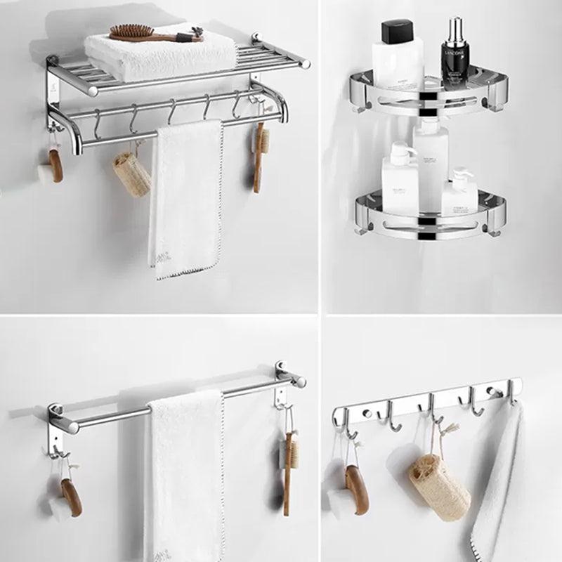 Modern Bathroom Accessory Kit Stainless Steel Bath Shelf Bathroom Set 5-Piece Set (Row Hook) Clearhalo 'Bathroom Hardware Sets' 'Bathroom Hardware' 'Bathroom Remodel & Bathroom Fixtures' 'bathroom_hardware_sets' 'Home Improvement' 'home_improvement' 'home_improvement_bathroom_hardware_sets' 6778128