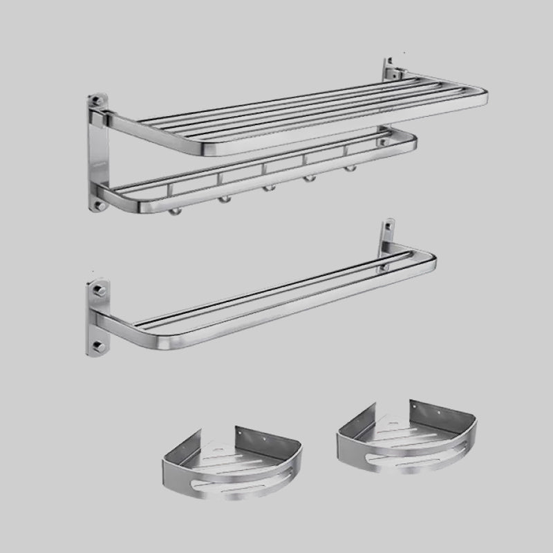 Modern Bathroom Accessory Kit Paper Holder Bath Shelf Bath Hardware Set Silver 4-Piece Set (Double Rods) Foldable Clearhalo 'Bathroom Hardware Sets' 'Bathroom Hardware' 'Bathroom Remodel & Bathroom Fixtures' 'bathroom_hardware_sets' 'Home Improvement' 'home_improvement' 'home_improvement_bathroom_hardware_sets' 6778182