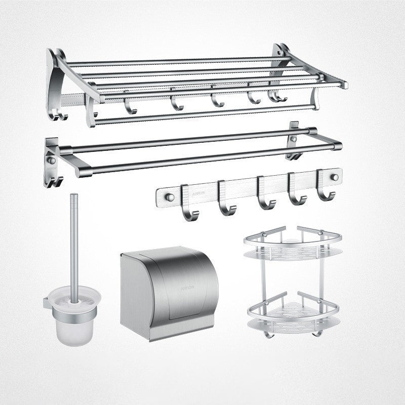 Contemporary Aluminum Bath Hardware Set Black Bathroom Accessory Kit Silver 6-Piece Set Clearhalo 'Bathroom Hardware Sets' 'Bathroom Hardware' 'Bathroom Remodel & Bathroom Fixtures' 'bathroom_hardware_sets' 'Home Improvement' 'home_improvement' 'home_improvement_bathroom_hardware_sets' 6778499