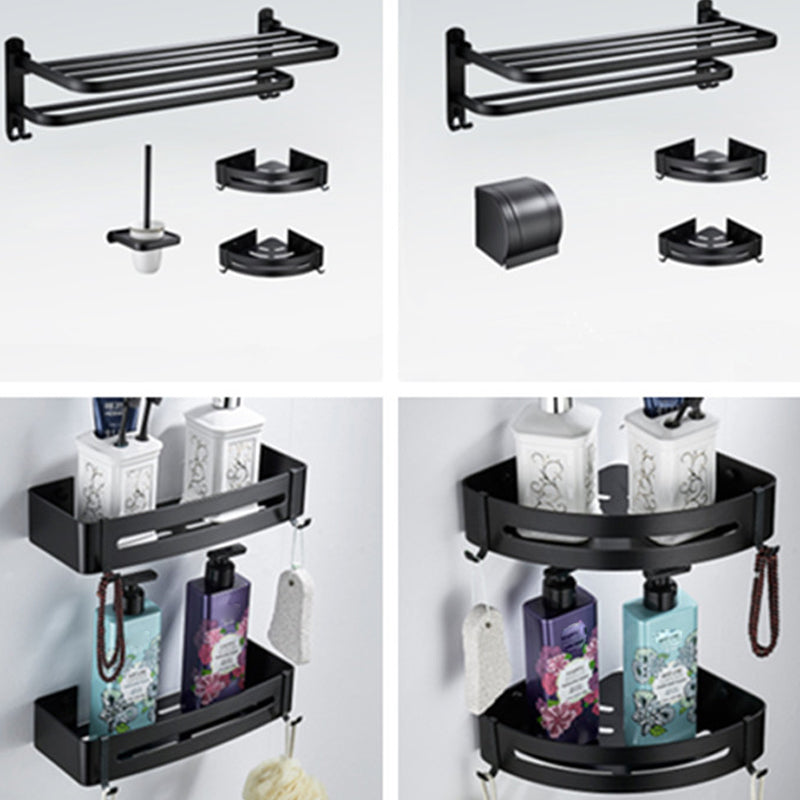 Contemporary 8-Piece Bathroom Hardware Set Matte Black Bath Shelf/Paper Holder/Robe Hooks Clearhalo 'Bathroom Hardware Sets' 'Bathroom Hardware' 'Bathroom Remodel & Bathroom Fixtures' 'bathroom_hardware_sets' 'Home Improvement' 'home_improvement' 'home_improvement_bathroom_hardware_sets' 6778513