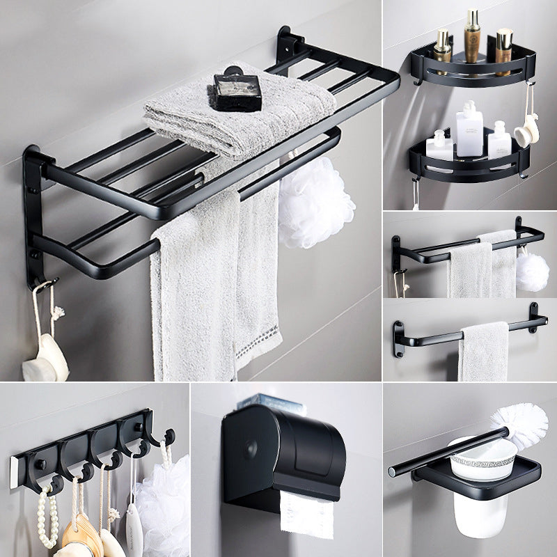 Contemporary 8-Piece Bathroom Hardware Set Matte Black Bath Shelf/Paper Holder/Robe Hooks 8-Piece Set(with Hook) Clearhalo 'Bathroom Hardware Sets' 'Bathroom Hardware' 'Bathroom Remodel & Bathroom Fixtures' 'bathroom_hardware_sets' 'Home Improvement' 'home_improvement' 'home_improvement_bathroom_hardware_sets' 6778526