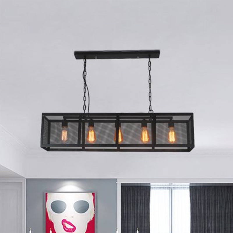 Rectangle Dining Room Island Pendant Light with Mesh Shade Industrial Iron 5 Heads Black Finish Hanging Lamp Clearhalo 'Ceiling Lights' 'Island Lights' Lighting' 678230