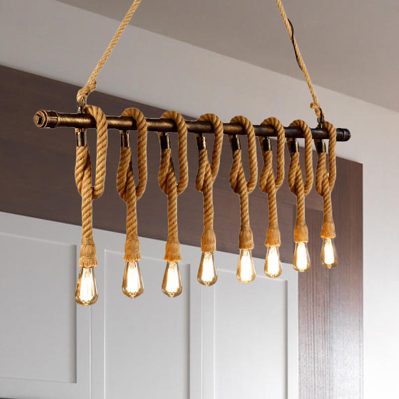 Adjustable Rope Exposed Island Light Retro Industrial 5/6-Light Restaurant Island Ceiling Light in Beige/Light Yellow Clearhalo 'Ceiling Lights' 'Island Lights' Lighting' 678313