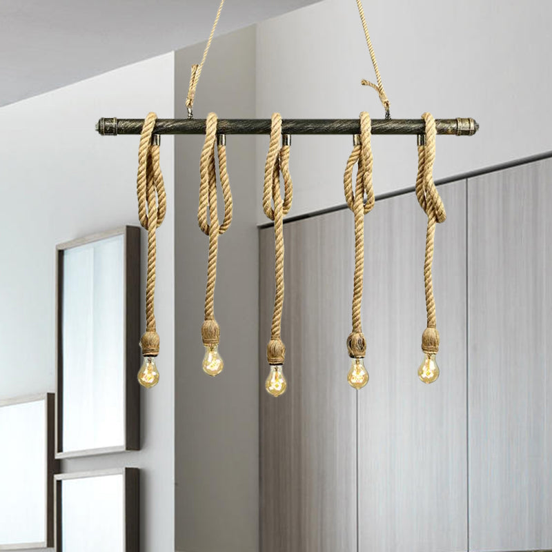 Adjustable Rope Exposed Island Light Retro Industrial 5/6-Light Restaurant Island Ceiling Light in Beige/Light Yellow Clearhalo 'Ceiling Lights' 'Island Lights' Lighting' 678314