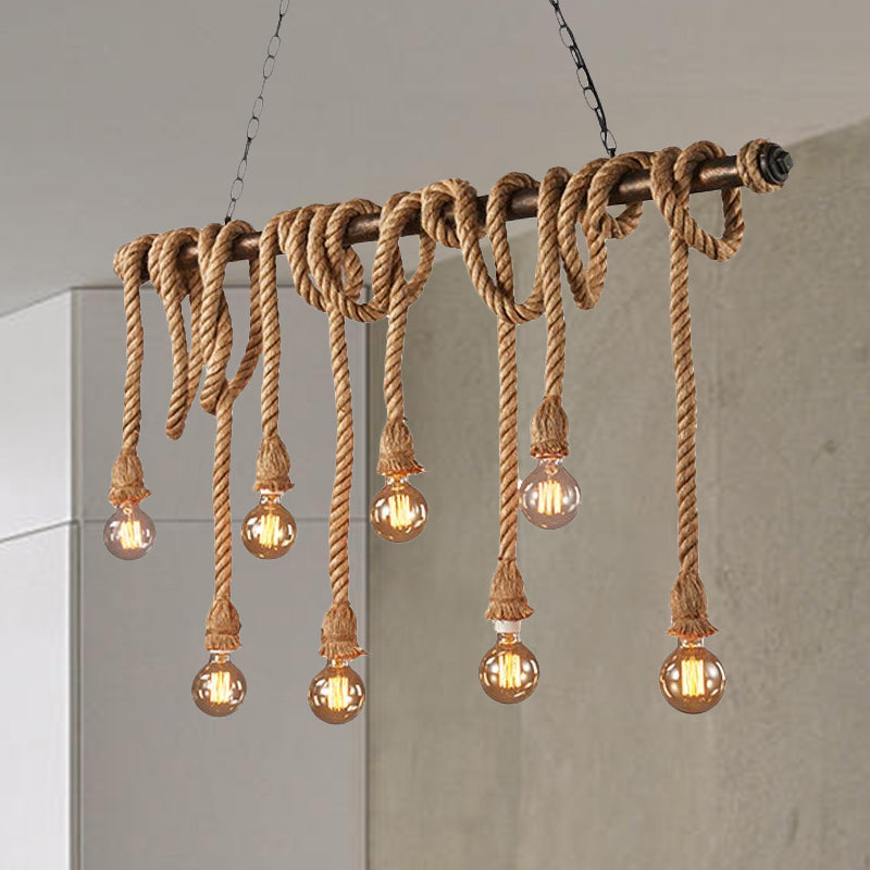 Adjustable Rope Exposed Island Light Retro Industrial 5/6-Light Restaurant Island Ceiling Light in Beige/Light Yellow Clearhalo 'Ceiling Lights' 'Island Lights' Lighting' 678316