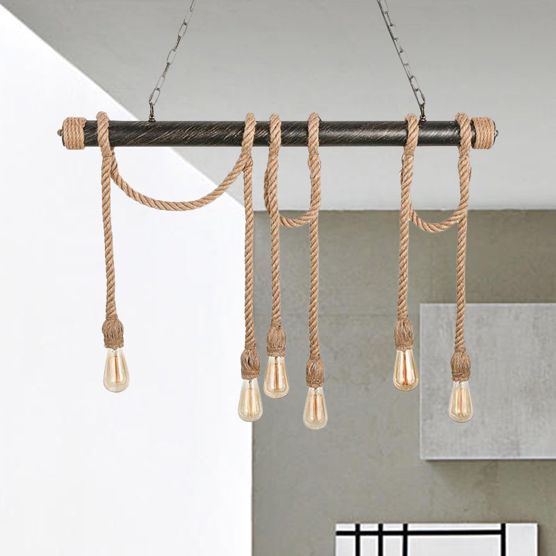 Adjustable Rope Exposed Island Light Retro Industrial 5/6-Light Restaurant Island Ceiling Light in Beige/Light Yellow Clearhalo 'Ceiling Lights' 'Island Lights' Lighting' 678317