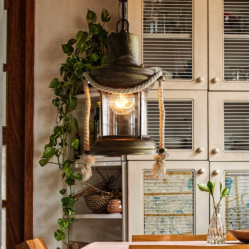 Kerosene Pendant Lighting Coastal Single Light Clear Glass Hanging Ceiling Light in Antique Brass/Weathered Copper, 6"/8.5" Wide Clearhalo 'Art Deco Pendants' 'Cast Iron' 'Ceiling Lights' 'Ceramic' 'Crystal' 'Industrial Pendants' 'Industrial' 'Metal' 'Middle Century Pendants' 'Pendant Lights' 'Pendants' 'Tiffany' Lighting' 678356