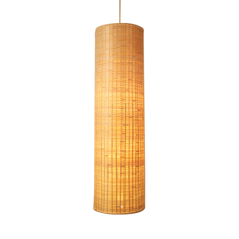 10"/12" W Cylinder Hanging Pendant Light Asian Style Rattan 1 Light Beige Ceiling Lighting for Restaurant Clearhalo 'Ceiling Lights' 'Pendant Lights' 'Pendants' Lighting' 678382