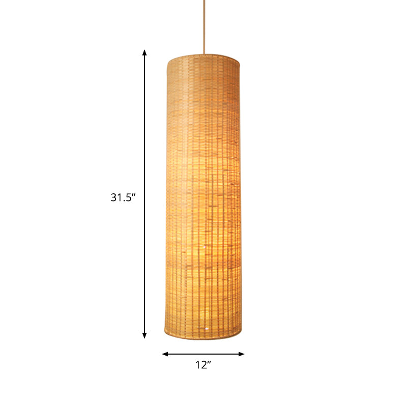 10"/12" W Cylinder Hanging Pendant Light Asian Style Rattan 1 Light Beige Ceiling Lighting for Restaurant Clearhalo 'Ceiling Lights' 'Pendant Lights' 'Pendants' Lighting' 678384