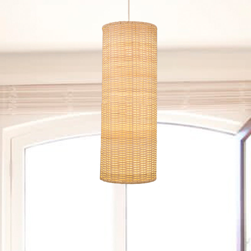 10"/12" W Cylinder Hanging Pendant Light Asian Style Rattan 1 Light Beige Ceiling Lighting for Restaurant Clearhalo 'Ceiling Lights' 'Pendant Lights' 'Pendants' Lighting' 678385