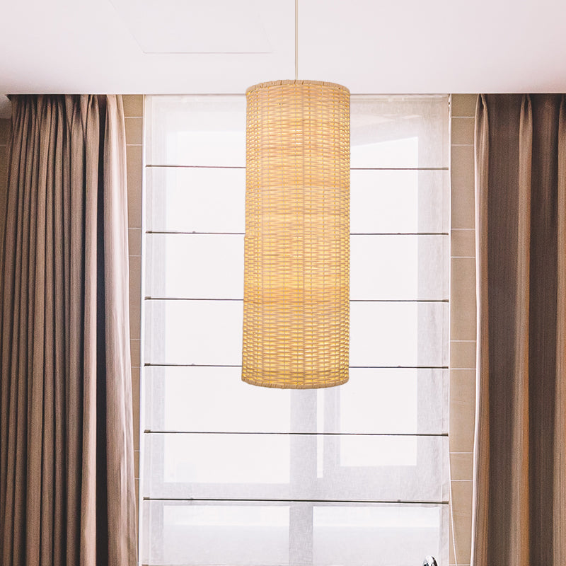 10"/12" W Cylinder Hanging Pendant Light Asian Style Rattan 1 Light Beige Ceiling Lighting for Restaurant Clearhalo 'Ceiling Lights' 'Pendant Lights' 'Pendants' Lighting' 678386