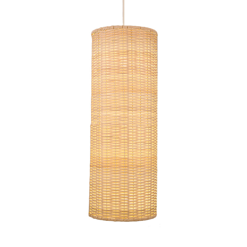 10"/12" W Cylinder Hanging Pendant Light Asian Style Rattan 1 Light Beige Ceiling Lighting for Restaurant Clearhalo 'Ceiling Lights' 'Pendant Lights' 'Pendants' Lighting' 678387