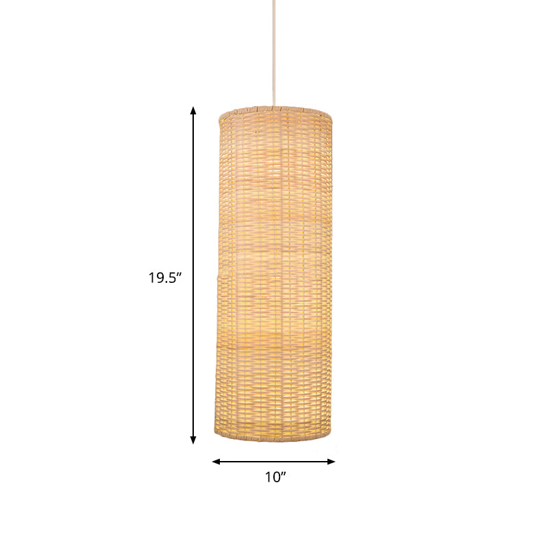 10"/12" W Cylinder Hanging Pendant Light Asian Style Rattan 1 Light Beige Ceiling Lighting for Restaurant Clearhalo 'Ceiling Lights' 'Pendant Lights' 'Pendants' Lighting' 678389