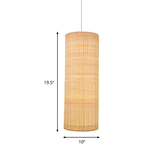 10"/12" W Cylinder Hanging Pendant Light Asian Style Rattan 1 Light Beige Ceiling Lighting for Restaurant Clearhalo 'Ceiling Lights' 'Pendant Lights' 'Pendants' Lighting' 678389