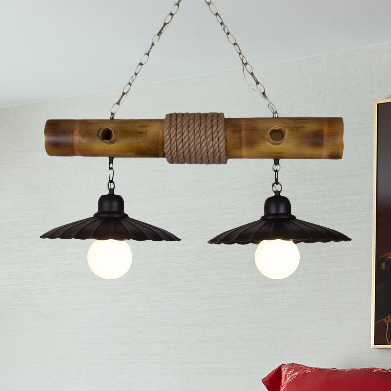 2 Heads Scalloped Hanging Lamp Countryside Black Rope and Bamboo Island Lighting for Dining Room Clearhalo 'Ceiling Lights' 'Island Lights' Lighting' 678407