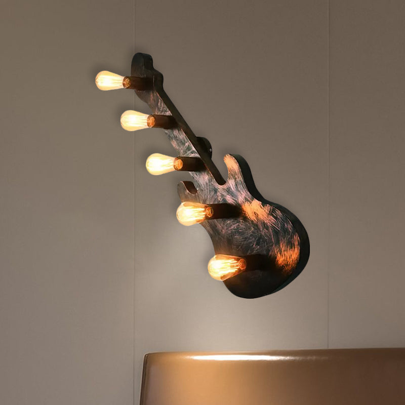 5 Lights Wall Sconce Lighting Bare Bulb Loft Iron Wall Lamp in Rust for Coffee Shop with Guitar Backplate Clearhalo 'Wall Lamps & Sconces' 'Wall Lights' Lighting' 678425