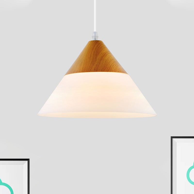 Cone Milk Glass Suspension Pendant Modern 1 Light 5"/7.5"/10.5" Wide Natural Wood Hanging Light Fixture Clearhalo 'Ceiling Lights' 'Glass shade' 'Glass' 'Modern Pendants' 'Modern' 'Pendant Lights' 'Pendants' Lighting' 678428