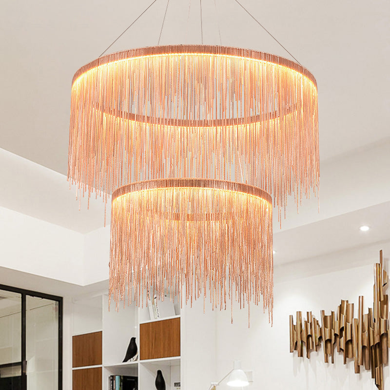 Multi Tiers Ceiling Lamp with Tassel Contemporary Metal 1/2/3 Heads Rose Gold Chandelier Light for Living Room Clearhalo 'Ceiling Lights' 'Chandeliers' 'Modern Chandeliers' 'Modern' Lighting' 678508