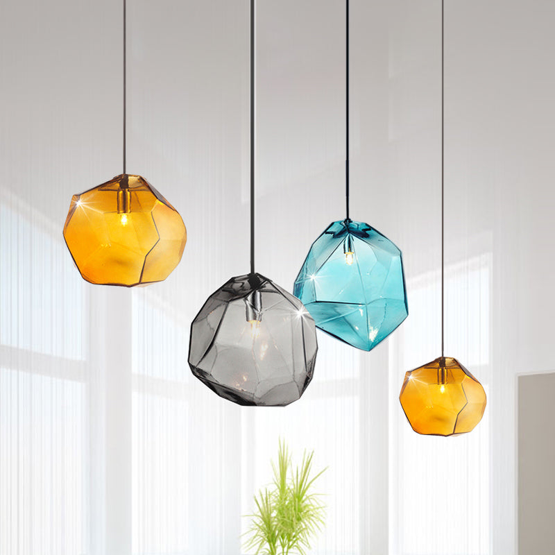 Faceted Grey/Orange/Purple Glass Pendant Lighting Contemporary 1 Light Dining Room Led Hanging Lamp Fixture Clearhalo 'Ceiling Lights' 'Glass shade' 'Glass' 'Modern Pendants' 'Modern' 'Pendant Lights' 'Pendants' Lighting' 678552