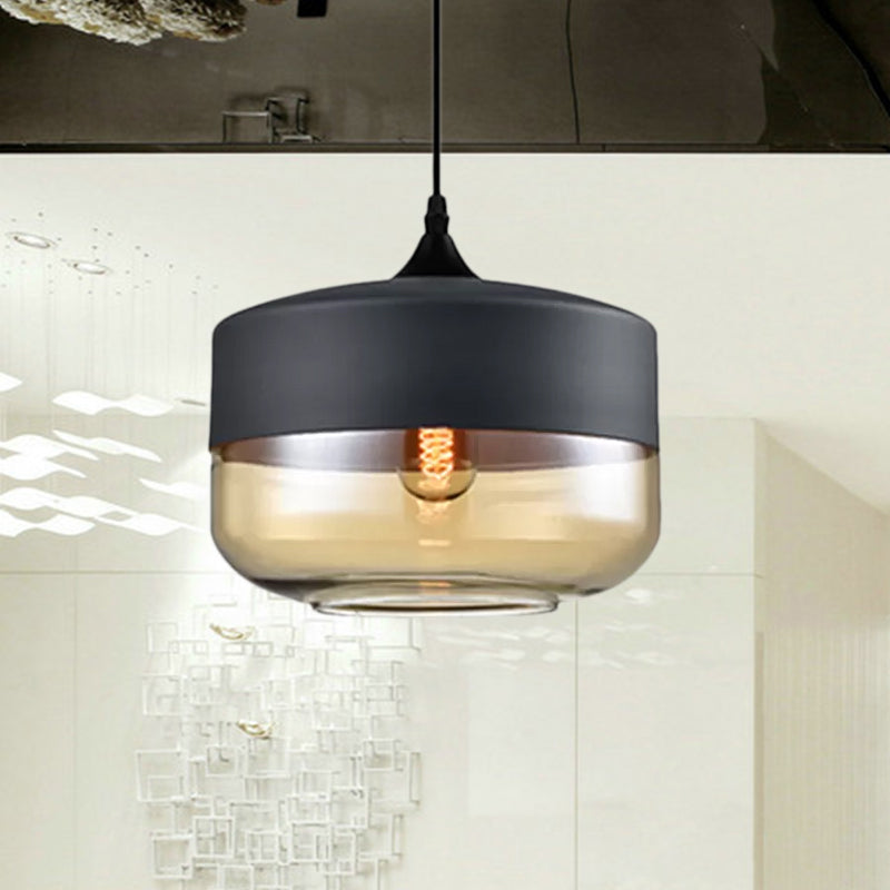 5"/7"/8" Wide Drum/Cylinder/Jar Clear/Yellow Glass Suspension Pendant Modern 1 Light White/Black Hanging Light Fixture Clearhalo 'Ceiling Lights' 'Glass shade' 'Glass' 'Modern Pendants' 'Modern' 'Pendant Lights' 'Pendants' Lighting' 678581