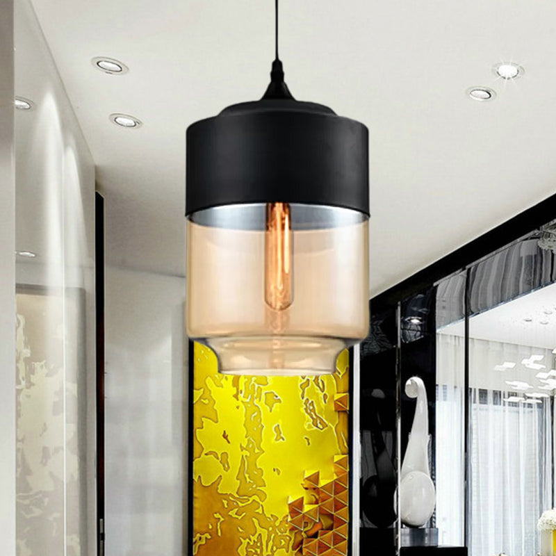 5"/7"/8" Wide Drum/Cylinder/Jar Clear/Yellow Glass Suspension Pendant Modern 1 Light White/Black Hanging Light Fixture Clearhalo 'Ceiling Lights' 'Glass shade' 'Glass' 'Modern Pendants' 'Modern' 'Pendant Lights' 'Pendants' Lighting' 678582