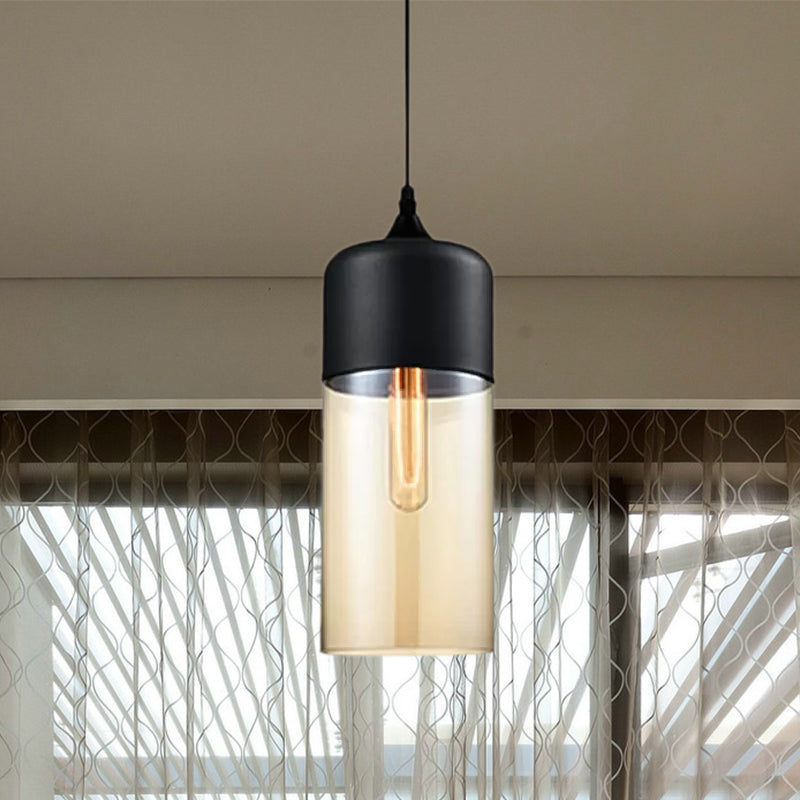 5"/7"/8" Wide Drum/Cylinder/Jar Clear/Yellow Glass Suspension Pendant Modern 1 Light White/Black Hanging Light Fixture Clearhalo 'Ceiling Lights' 'Glass shade' 'Glass' 'Modern Pendants' 'Modern' 'Pendant Lights' 'Pendants' Lighting' 678583